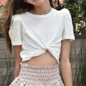 Katie J NYC Juniors White Paige Puff Sleeve Tie Back Crop Top xs